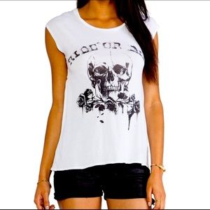 Chaser LA Brand Ride or Die Skull and Roses Crop Muscle Tee in White Size Small